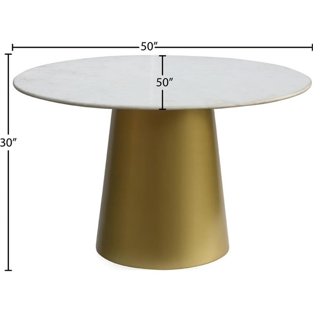 Meridian Furniture Sorrento Collection Modern | Contemporary Marble Top Round Dining Table with Brushed Gold Metal Base, W x 50" D x 30" H, 50" W x 50" D x