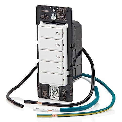 Leviton Countdown Timer Switch for bathroom fan and household lights, 5-10-15-30 min, No Neutral Required, Single Pole, 15A, 1/2 HP/9.8A Fan/Motor, DT130-1LW, White