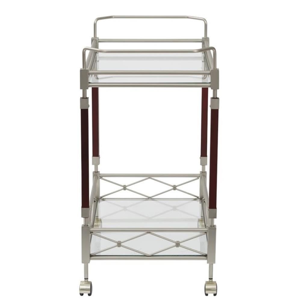 Scranton & Co Serving Cart, 31.25" W x 16.5" D x 30" H, Brushed Nickel Metal Frame, Walnut Wood Accents, Tempered Glass Shelves, Mobile Bar Cart for Entertaining
