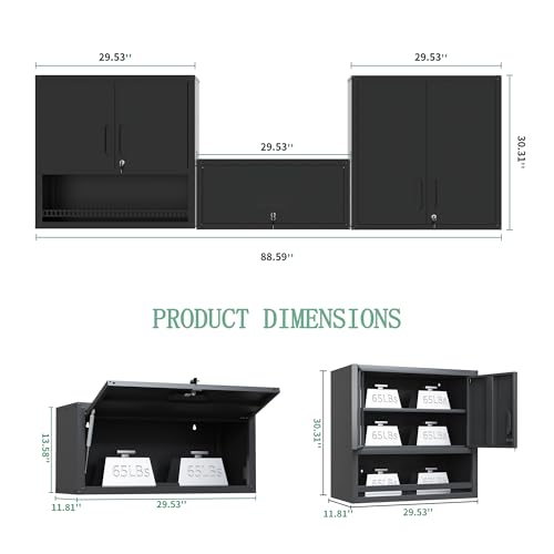 3-Pack Garage Tool Cabinet,Heavy Duty Steel Garage Storage System with Lockable Doors & Adjustable Shelves,Wall Mount Tool Cabinet Set for Workshop Organization,Black