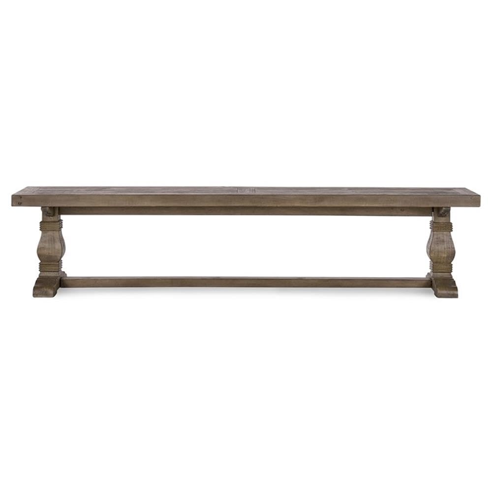 MAKLAINE 83" Transitional Reclaimed Pine Wood Bench, Weathered Brown Finish, Hand Carved Pedestal Base, Seats Up to 4, Rustic Kitchen or Dining Room Seating