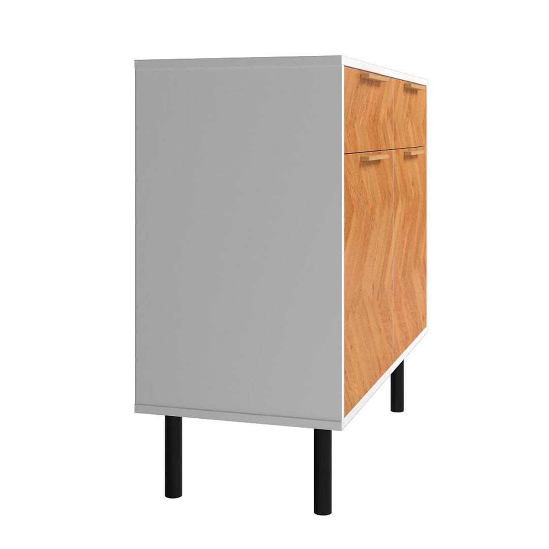 Manhattan Comfort Liam 35 Inch Mid Century Modern Accent Cabinet with 2 Drawers & 2 Soft Close Doors with Scratch Resistant Finish, Versatile Storage Console, White/Wood Print