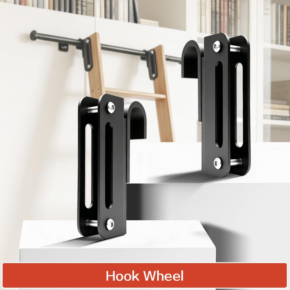 104RDHOUSE 12FT Sliding Library Ladder Hardware Kit,Black Telescopic Top Hook,Bottom Wheel with Brake,MAX Load 300lbs,No Ladder