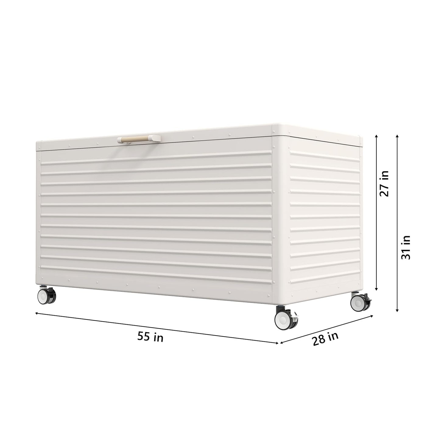 MIRADOR 175 Gallon Outdoor Storage Box with Wheels & Soft-Close Lid, Waterproof Metal Deck Box for Patio Cushions, Garden Tools & Pool Accessories, Latte