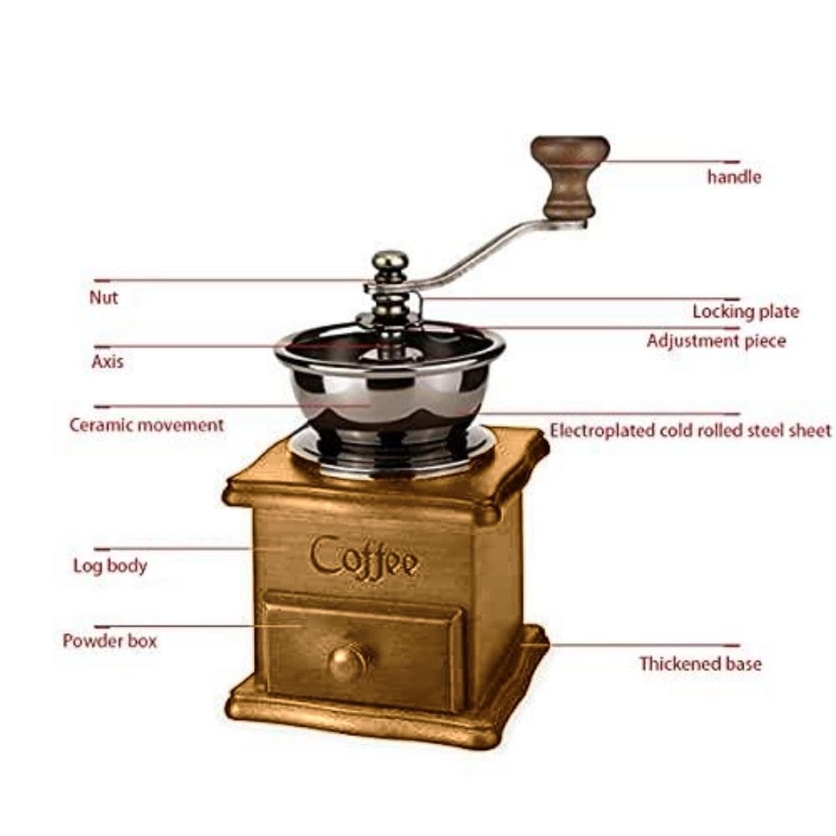 Eitonbu Wooden Manual Coffee Grinder Vintage Style Hand Coffee Mill Burr Coffee Grinder with Ceramic Hand Crank,Wooden Manual Coffee Grinder Cleaning Brush (Light Brown)