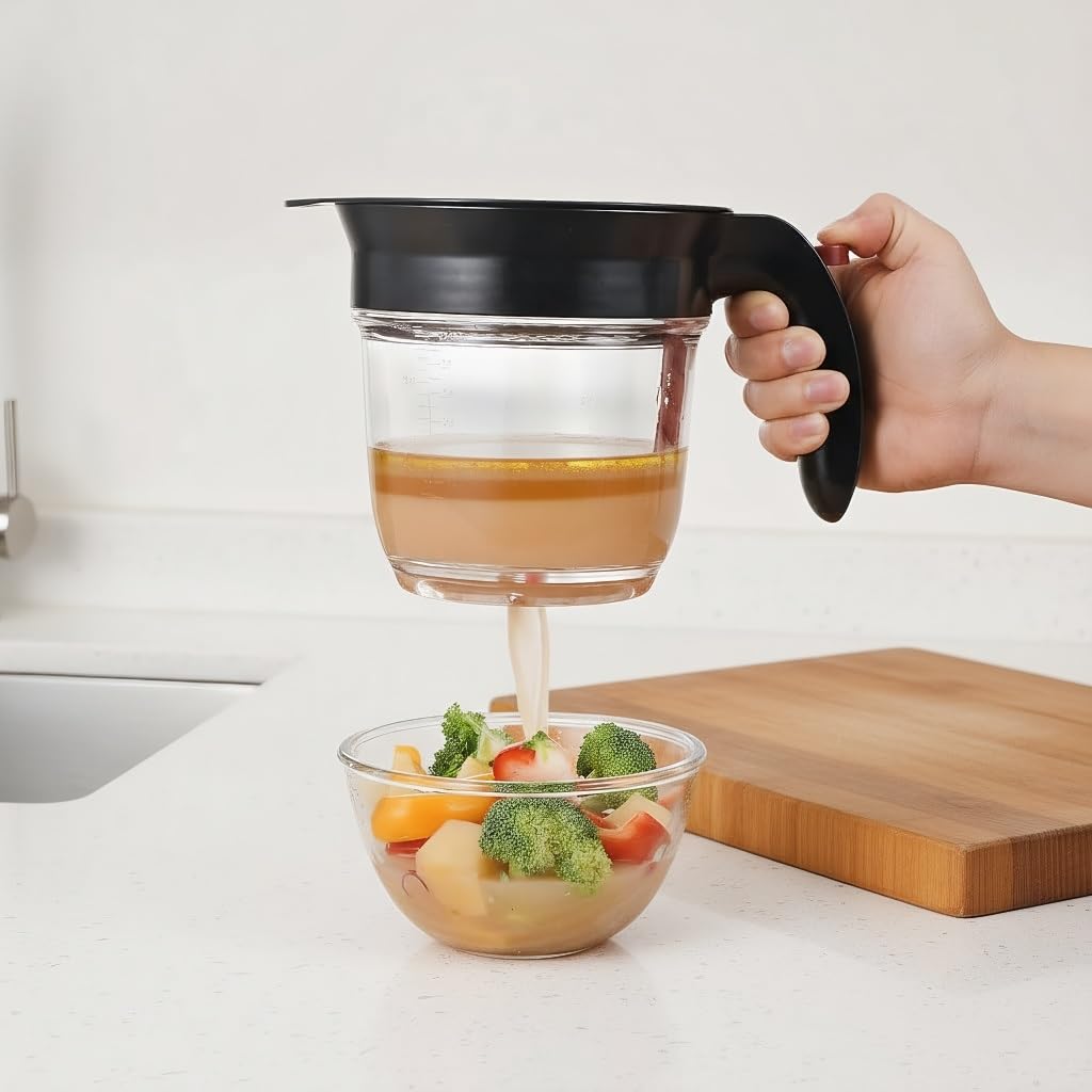Fat Separator Cup with Bottom Release Button, Heat-Resistant Grease Separator for Gravy and Soup, 1L Oil Separator Measuring Cup with Handle, Easy Clean Kitchen Cooking Tool (Black)