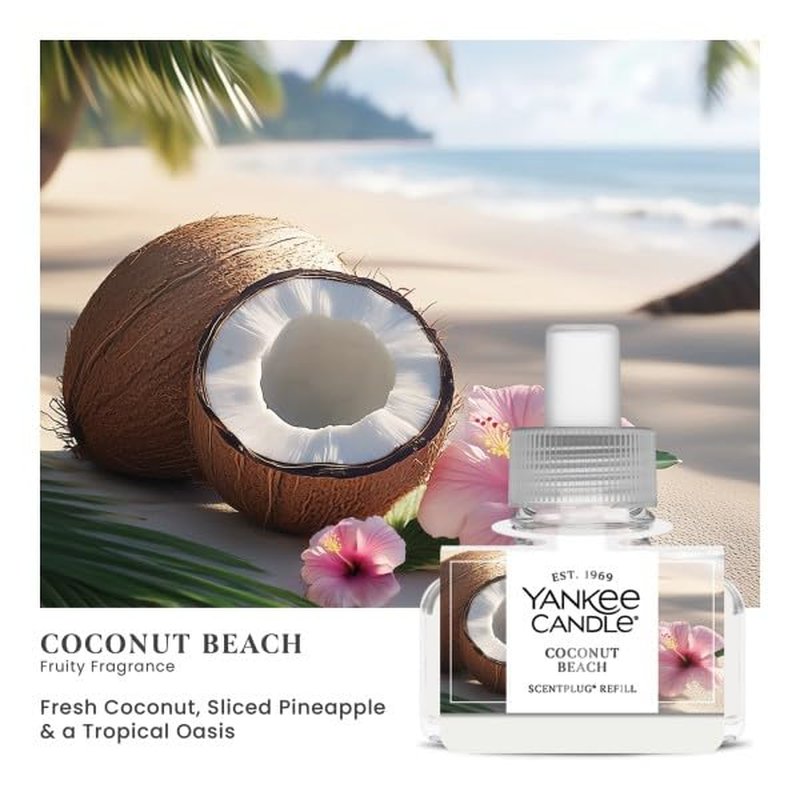 Yankee Candle ScentPlug Refill for Plug in Air Fresheners, Scented Oil Refills, Long Lasting Home Fragrance, Coconut Beach (Pack of 4)