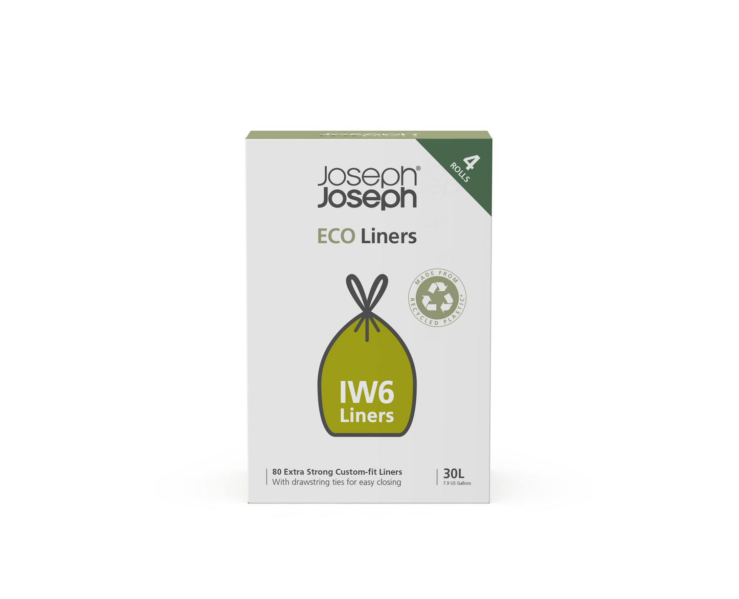 Joseph Joseph IW6 Eco Recycled plastic Bin Liners, Kitchen Trash Bags With Tie Tape Drawstring Handles, Extra Strong – (4 Packs of 20, Total 80 Liners) Holds 30 Litres/7.9 Gallons, Grey