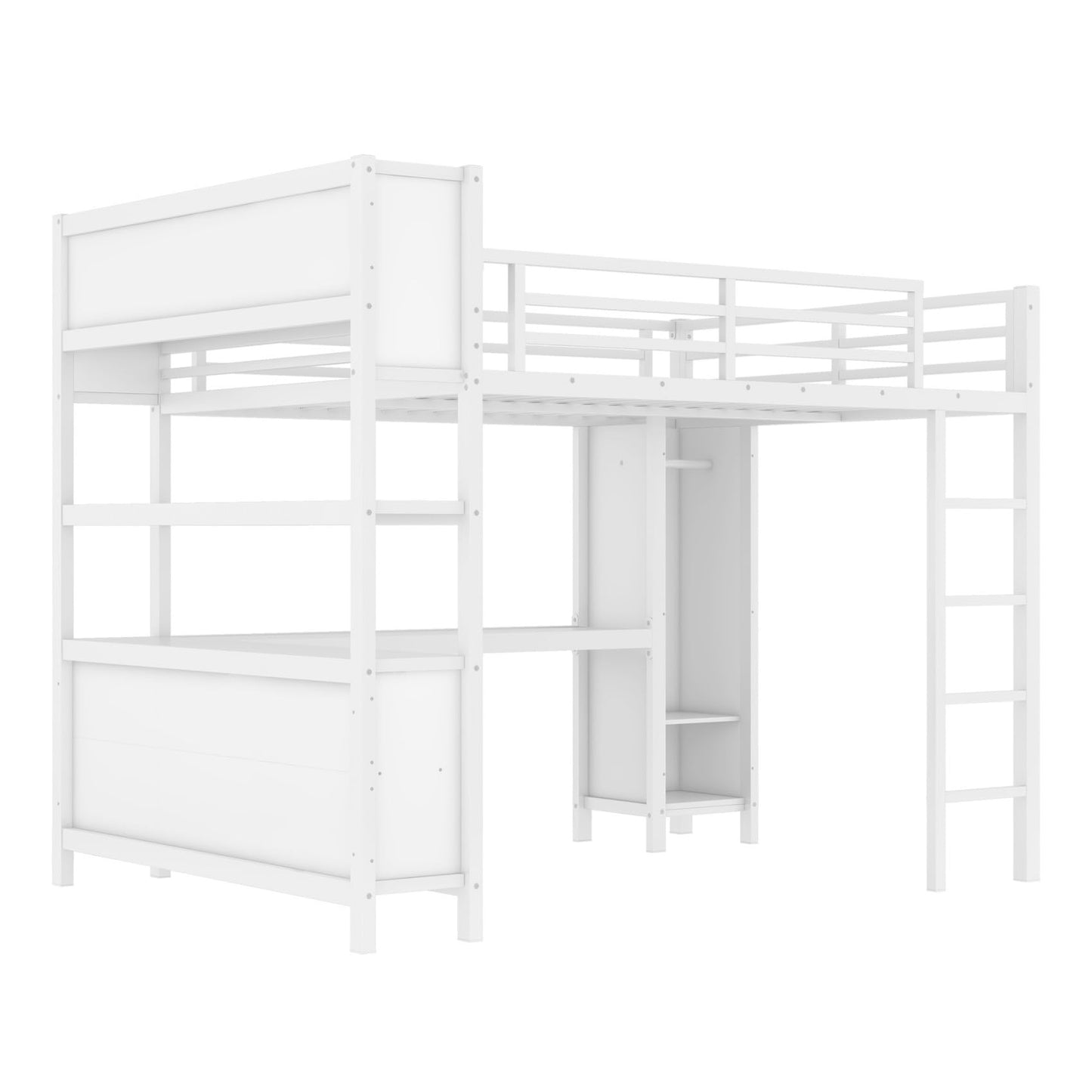 KEIKI Metal Queen Size Loft Bed Frame with Built-in L Shaped Desk, Wardrobe, Stairs, Storage Cubes & Shelves for Kids Teens Adults, No Box Spring Needed