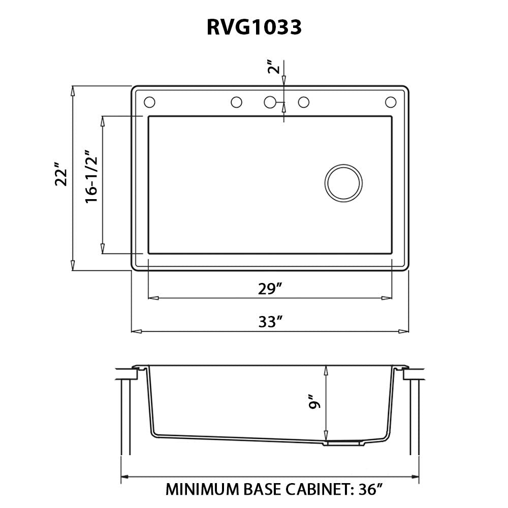 Ruvati Midnight Black Granite Composite 33 in. x 22 in. Single Bowl Drop-in Topmount Kitchen Sink RVG1033BK