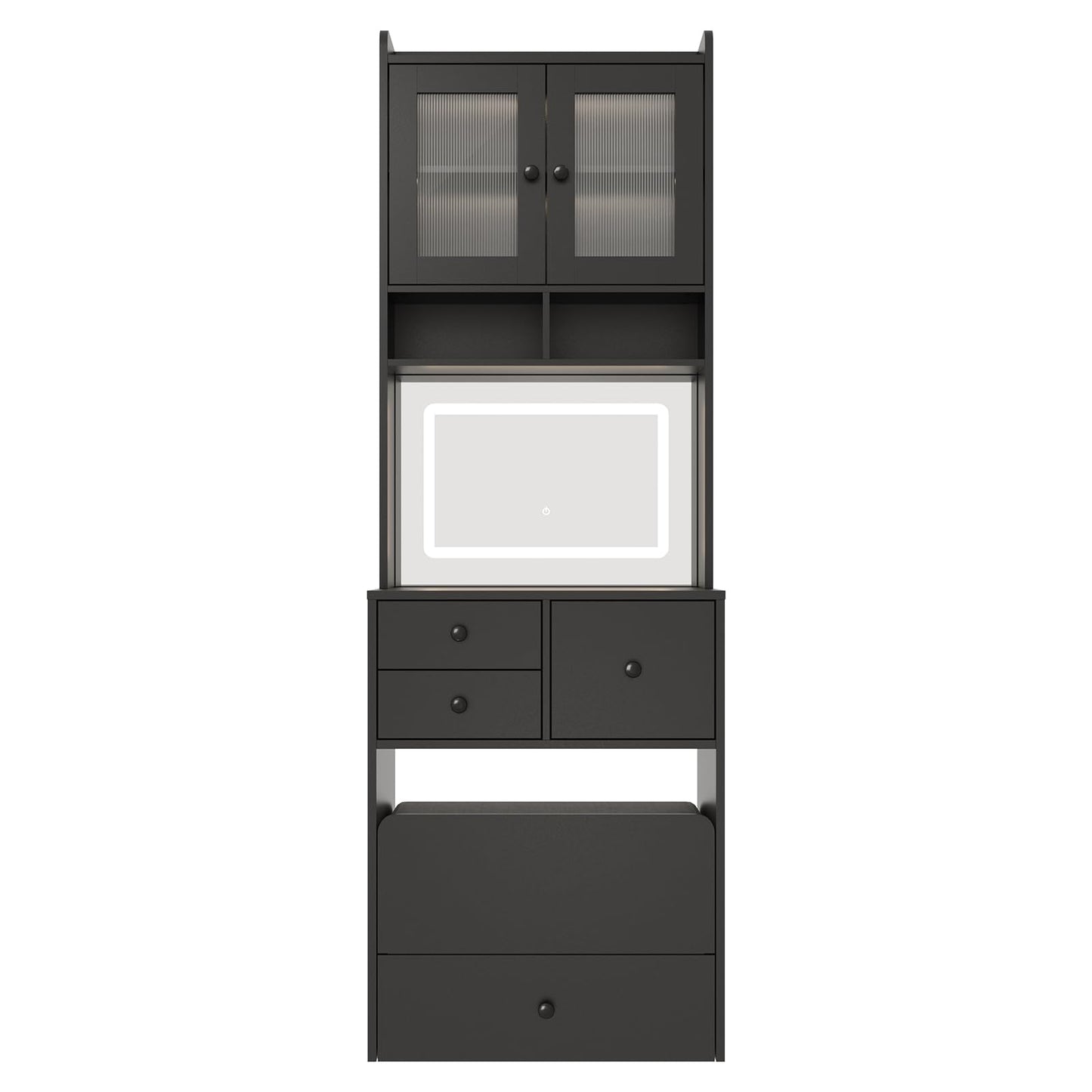 Garvee 3 in 1 Vanity Desk with LED Light, Tall Makeup Vanity Set with 2 AC Outlets & USB-c, Dressing Table with Drawers & Acrylic Doors, Nightstand Vanity Mirror, Jewelry Box, Cushioned Chair, Black