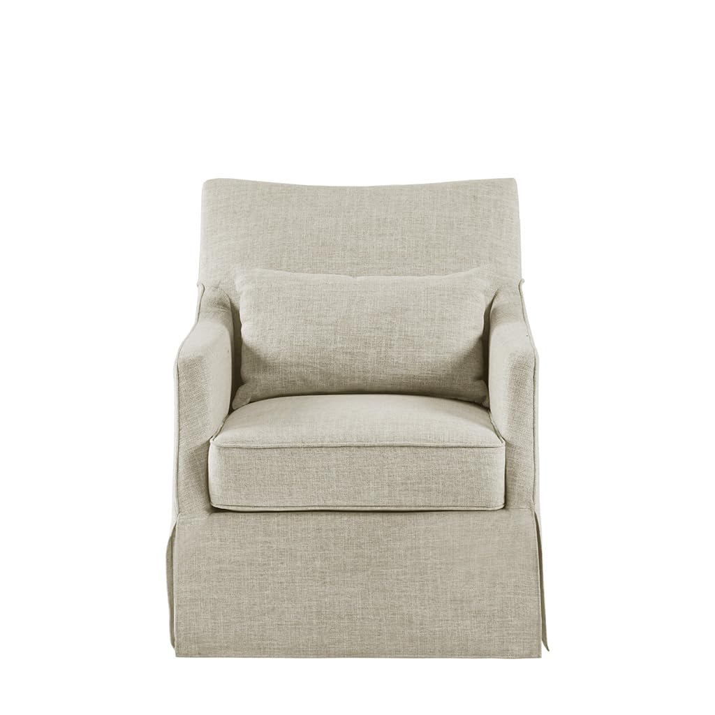 Martha Stewart London Swivel Chair - Solid Wood & Plywood, Skirted Metal Base Accent Armchair, Lumbar Pillow -Modern Classic Family Room Sofa Furniture Bedroom Lounge, 28"X31.5"X35.25", Beige Multi