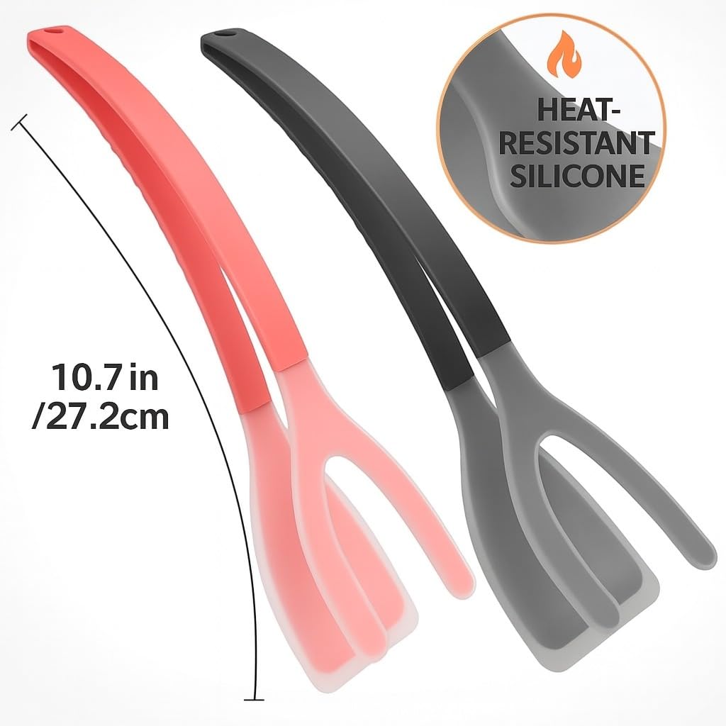 Silicone Kitchen Spatula Tong (Set of 2) – Heat Resistant 2-in-1 Grip & Flip Non-Stick Cooking Tongs for Pancakes, Fish, Eggs, and More – Kitchen Tool Set (Black + Red)