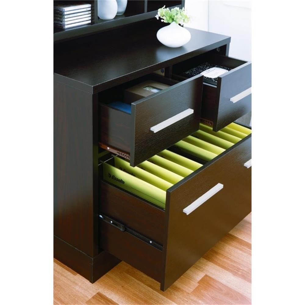 BOWERY HILL File Cabinet, 3-Drawer Storage and Hutch, MDF and Veneer, Cappuccino Finish, 32" W x 16" D x 40" H, Contemporary Style, Sturdy Office Filing and Storage Solution
