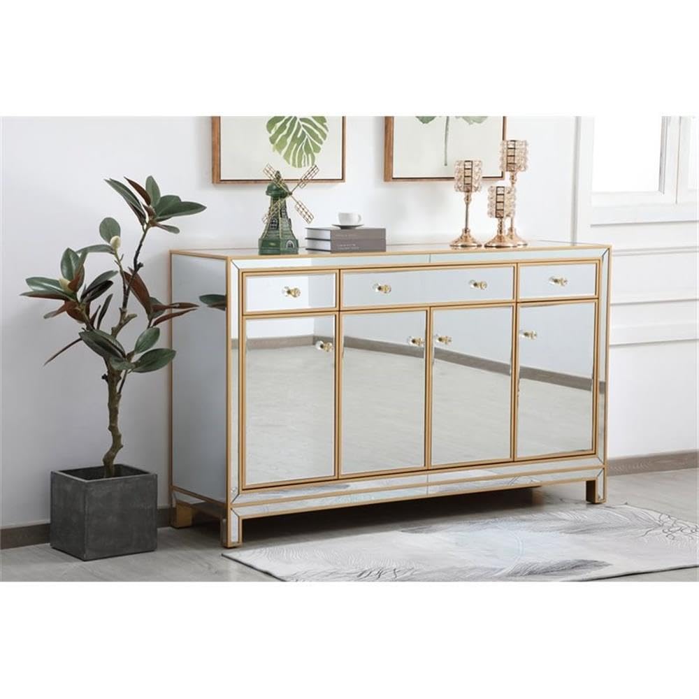 Pemberly Row Modern 60" Metal and MDF Mirrored Credenza, Gold Finish, 4 Doors, 3 Shelves, Rectangle Shape, Soft Closing Hand-Painted Storage Cabinet for Living Room, Dining Room, or Entryway Use