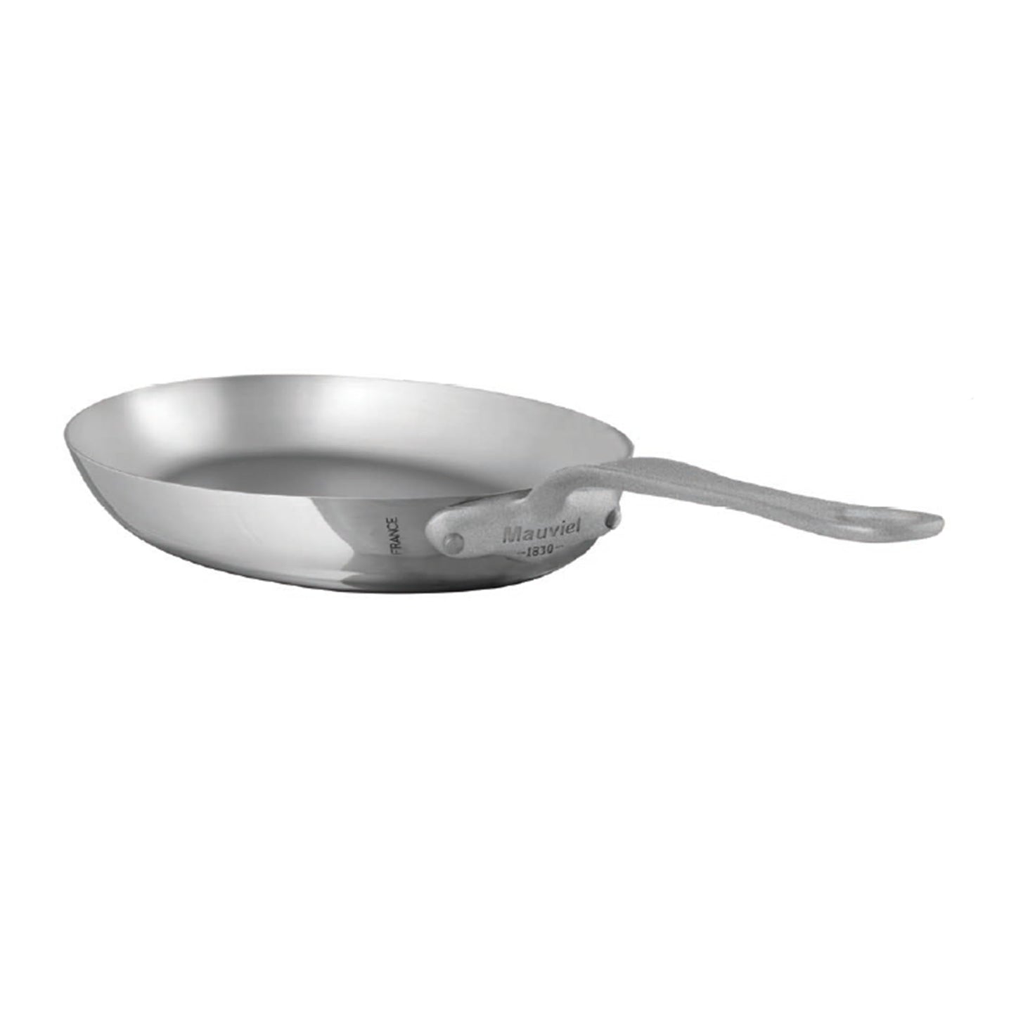 Mauviel M'Cook SB 5-Ply Polished Stainless Steel Oval Frying Pan With Brushed Cast Stainless Steel Handle, 13.5 x 9.1-in, Made In France