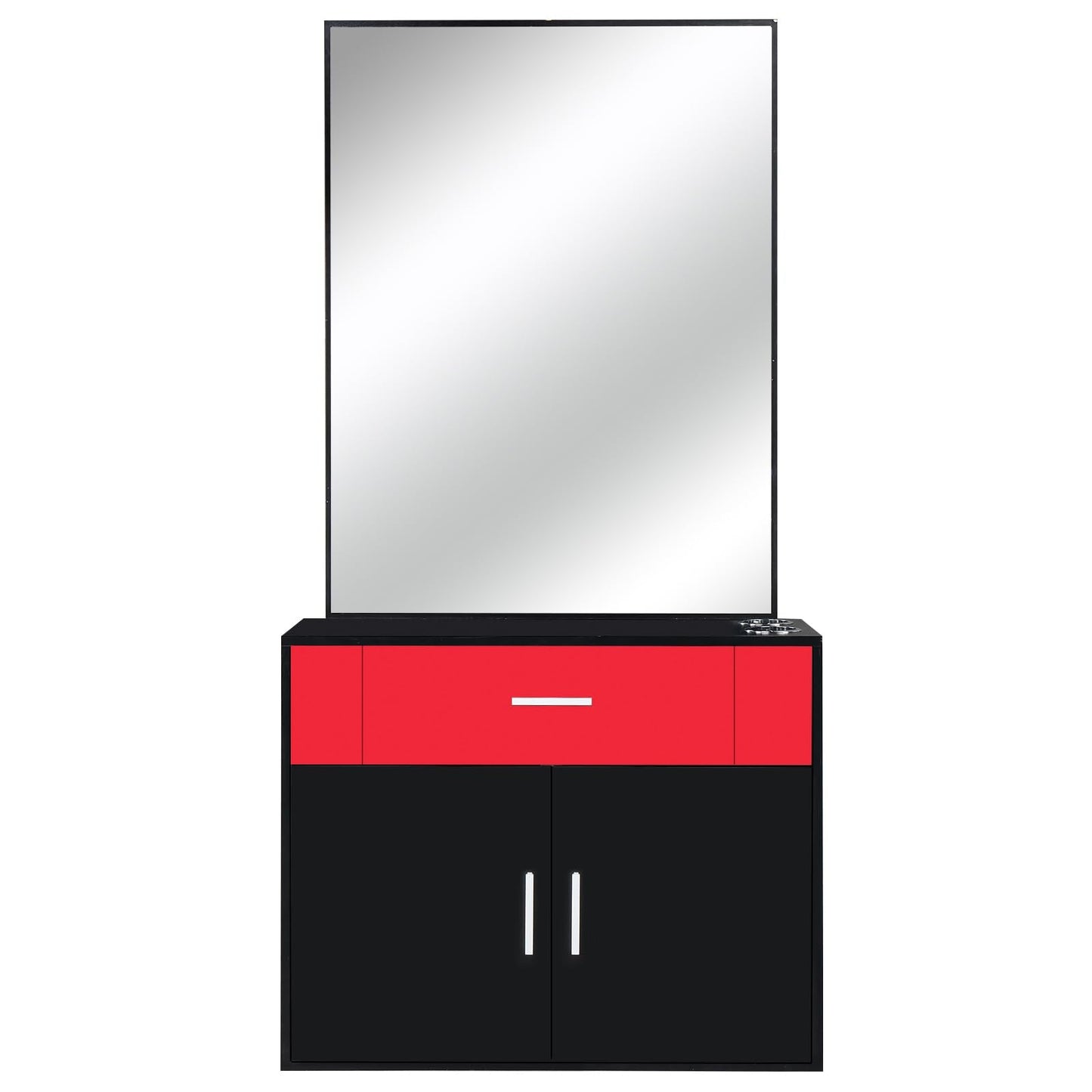 Red Salon Cabinet with Mirror, Professional Hair Styling Station for Home, Makeup Vanity Table Salon Furniture Barber Cabinet Storage Organizer Beauty Salons Equipment