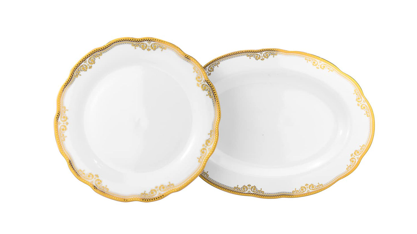 Euro Porcelain 57 piece Banquet Dinnerware Set with Scalloped Edges - Luxury Tableware Dining Service for 8