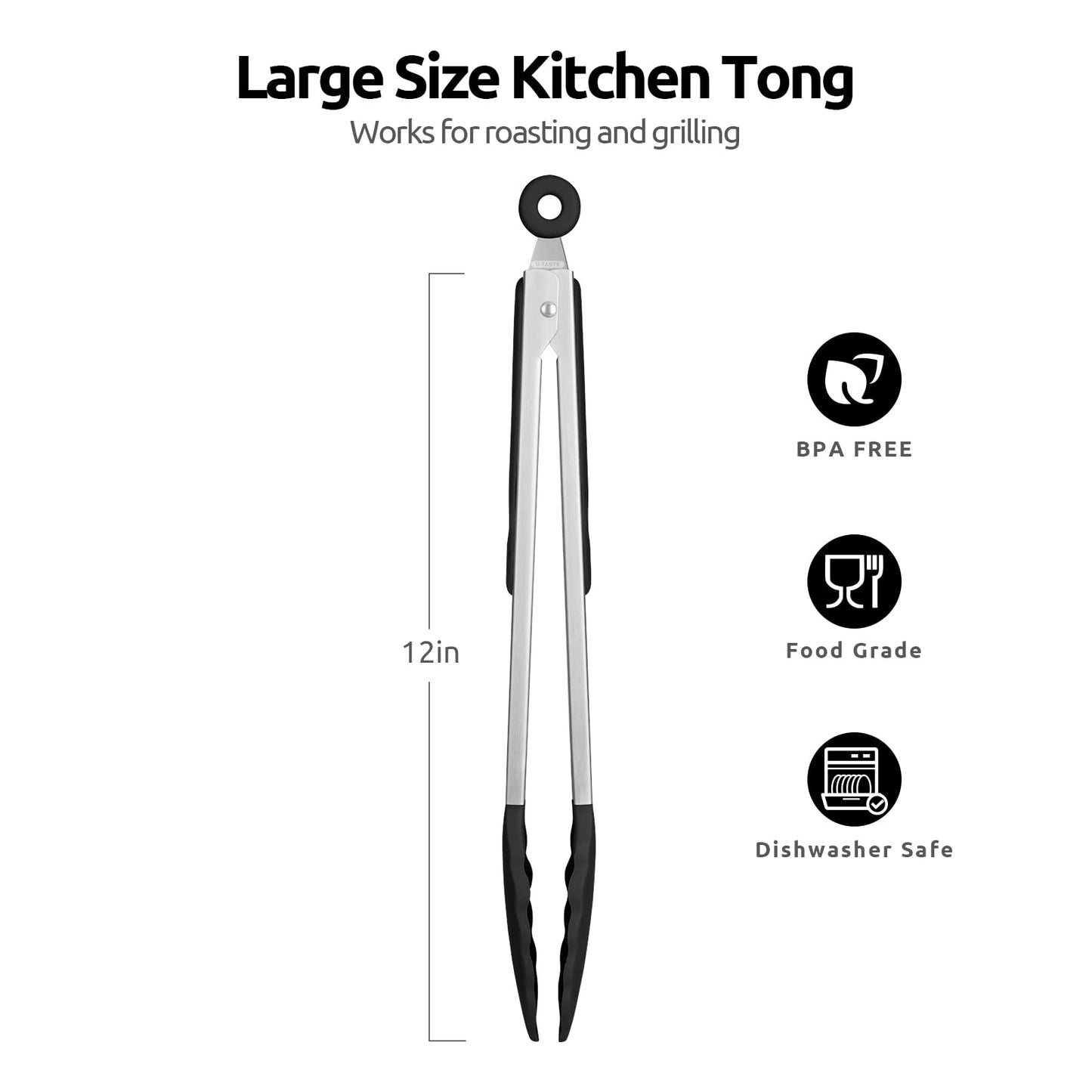 600ºF Heat Resistant Kitchen Tongs: U-Taste 12 inch Large Silicone Cooking Tong with Sturdy Non Stick Rubber Tips & Silicon Coated 18/8 Stainless Steel Handle & Smooth Locking for Serving Grill(Black)