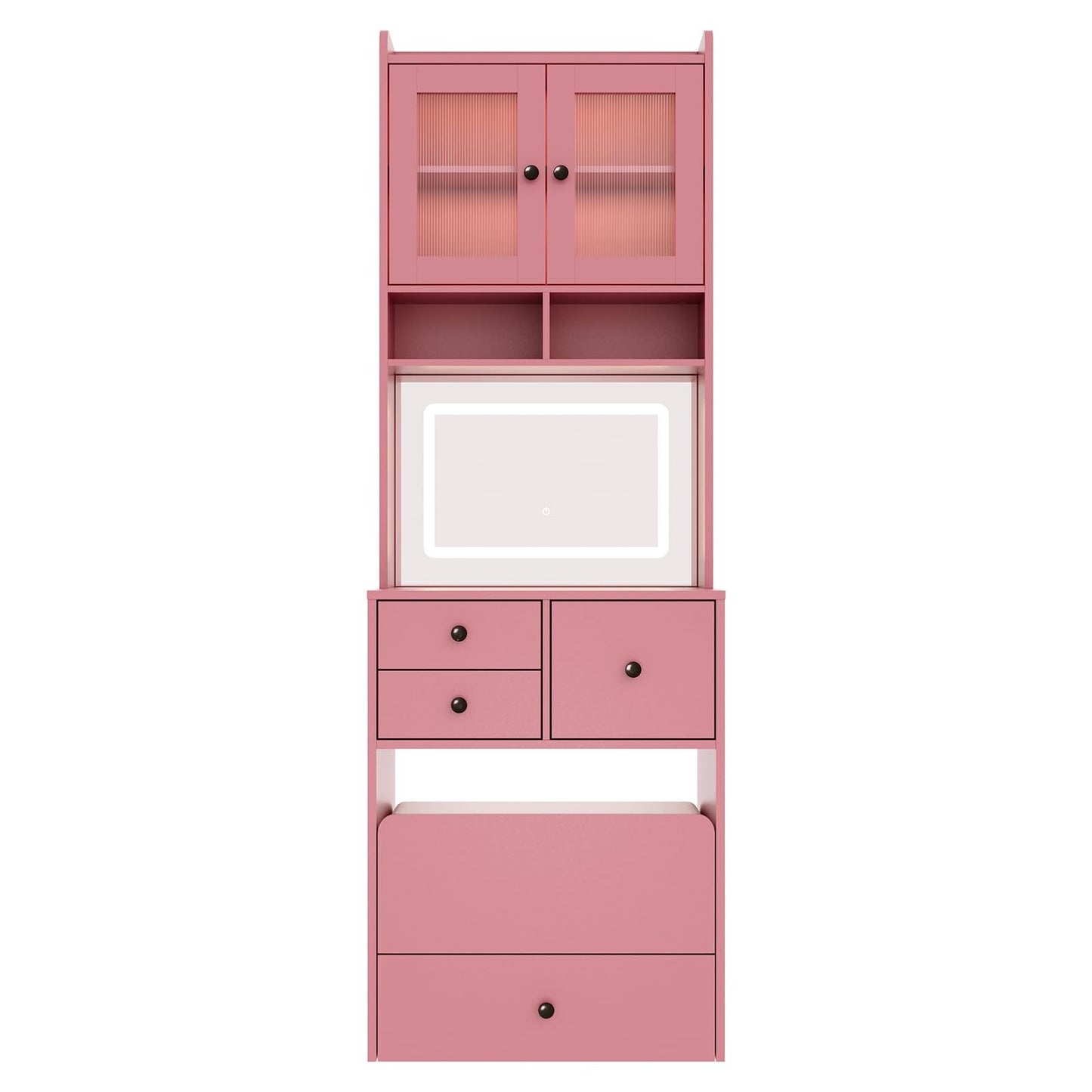 Hetoy 3-in-1 Vanity Desk with Sliding LED Mirror, AC Outlets & USB-C, 4 Drawers, Acrylic Doors, Storage Stool, Cushioned Chair - Complete Makeup Dressing Table Set for Bedroom - Pink