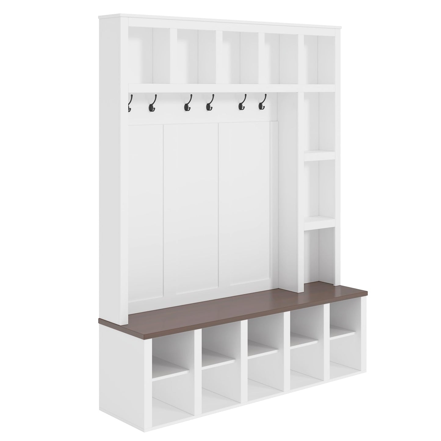 Merax Hall Tree with Bench and Shoe Storage, Farmhouse Wooden Coat Rack with 6 Hooks, Built-in 18 Open Compartments, for Entryway, Living Room, White