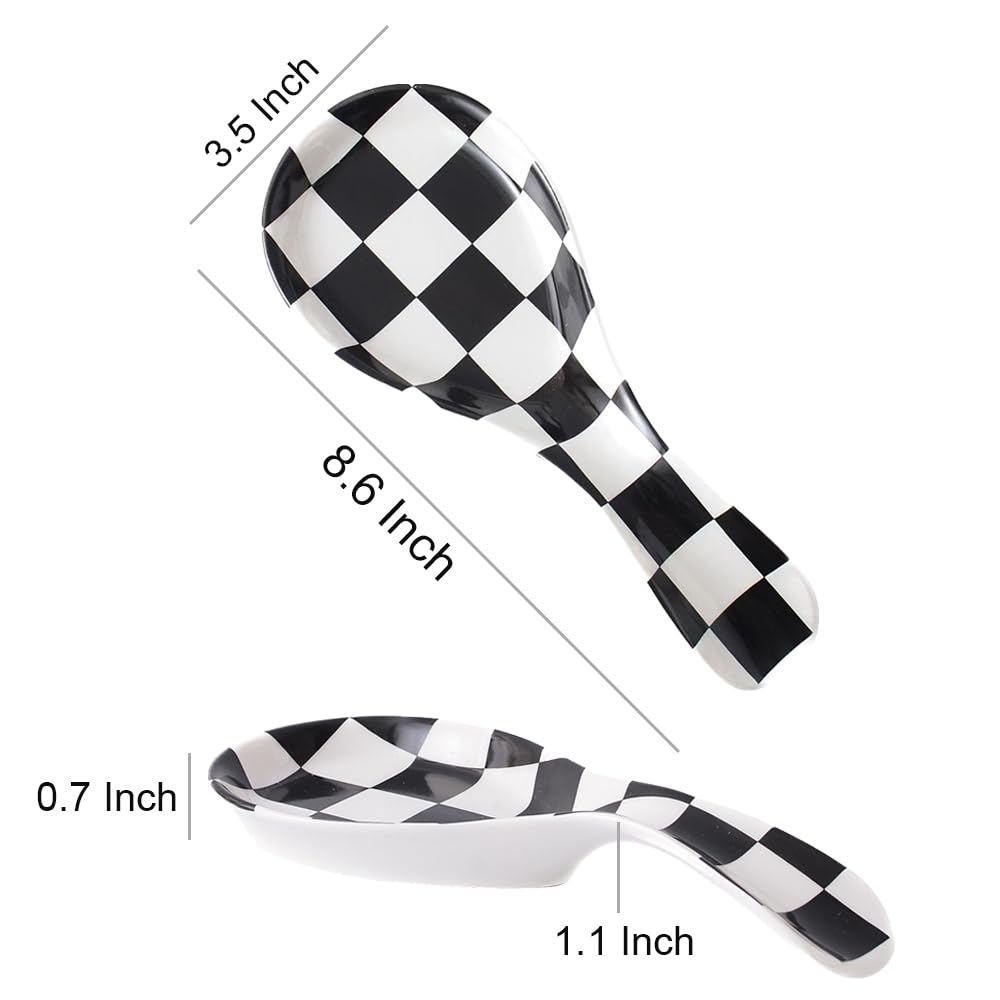 YOSCO Ceramic Spoon Rest for Stove Top, Checkered Spoon Holder Utensil Rest, Cute Spoon Rests for Coffee Bar Kitchen Decor Cooking Gift for Housewarming (Black)