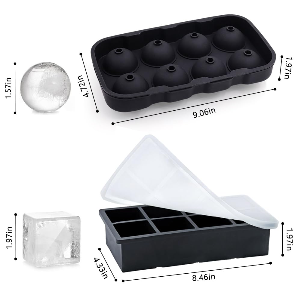 Apexcook 2-Inch Silicone Ice Cube Tray with Lid - Large Sphere Ice Mold & Square Ice Cube Maker for Whiskey, Cocktails, Bourbon - Easy Release, BPA Free, Set of 2