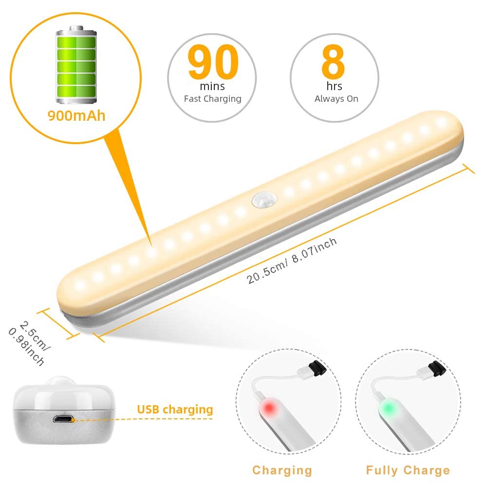 OUSFOT Cabinet Lighting 4 Pieces 20 LEDs Wireless Under Cabinet Light with Motion Sensor USB Rechargeable Battery Wardrobe Lighting Warm White Stick on for Cabinets, Stairs, Kitchen