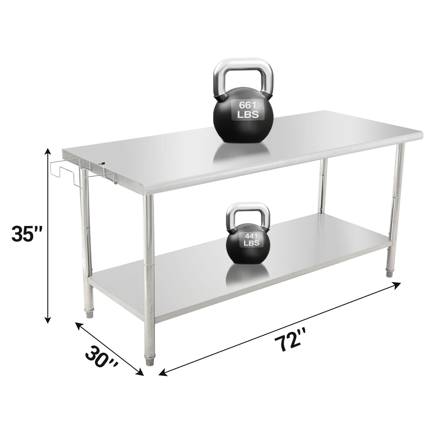 Garvee Heavy Duty NSF Stainless Steel Prep Table – 72x30x35in Commercial Workstation with Adjustable Undershelf, Removable Trash Rack, 08 Curved Edge, No Casters, No Backstop – Perfect for Kitchen