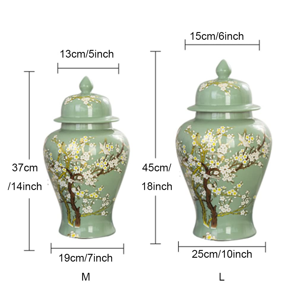 EliteBloom Green Ceramic Ginger Jar With Lid For Home Decor,Traditional Chinese Trees And Flowers Temple Jar, Jingdezhen Handcrafted Porcelain Vase Centerpiece Decor M (Green L) (Green L)