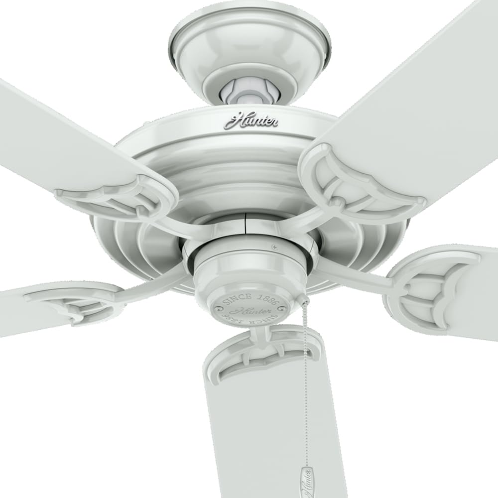 Hunter 52 inch Outdoor or Indoor Ceiling Fan No Light - White Ceiling Fan without Light, For Patio, Porch, Garage, or Living Room, Standard Mount, 5 Blades, Pull Chain - Sea Air 53054, White