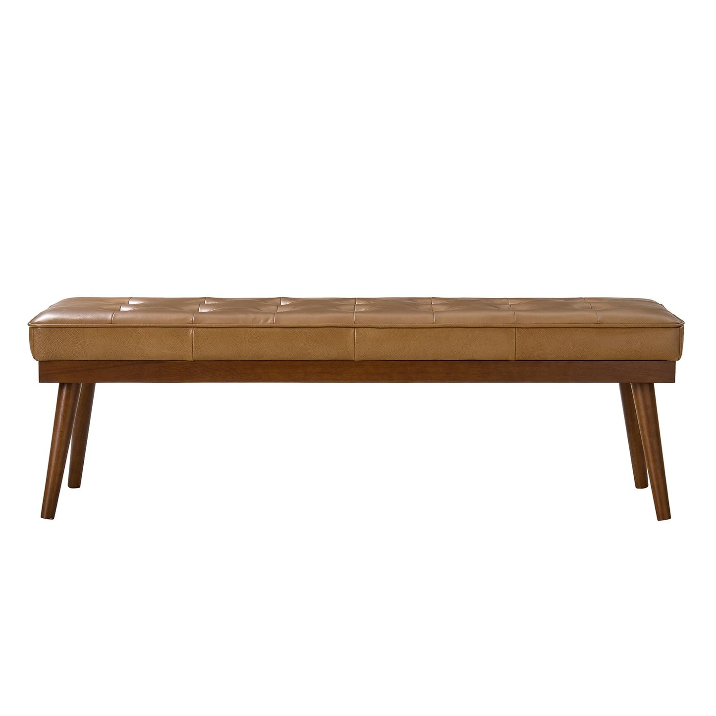 HULALA HOME 55.5" Genuine Leather Bench, Button-Tufted Entryway Bench with Solid Wood Legs, Upholstered End of Bed Bench for Bedroom, Camel