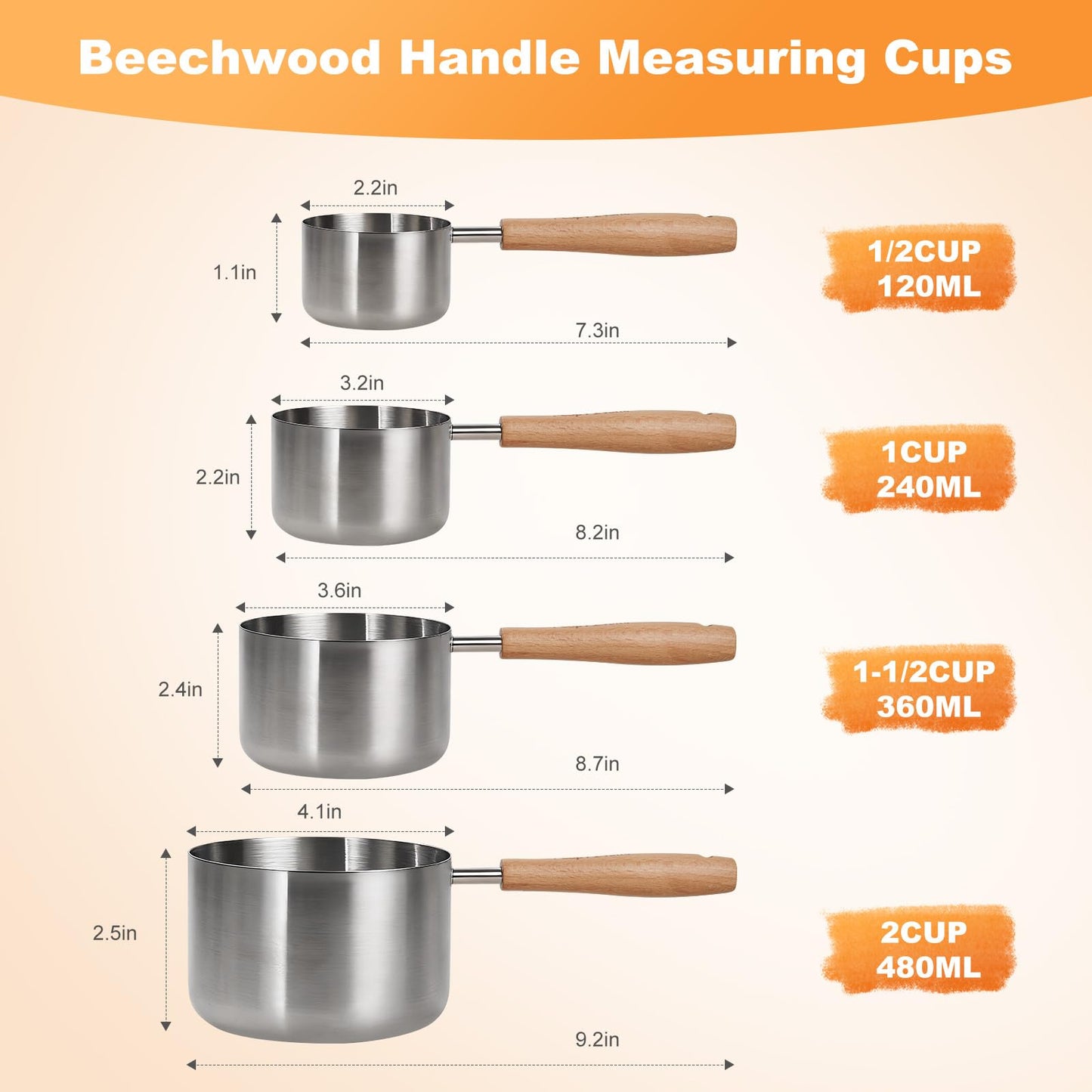 TREMENDRY 1PCS 2Cup(480ml | 16oz) Dog Cat Food Scoop, 18/8(304) Stainless Steel Measuring Cup with Wooden Handle, Etched Measurements Inside, BPA Free Portion Control for Pets & Kitchen Use