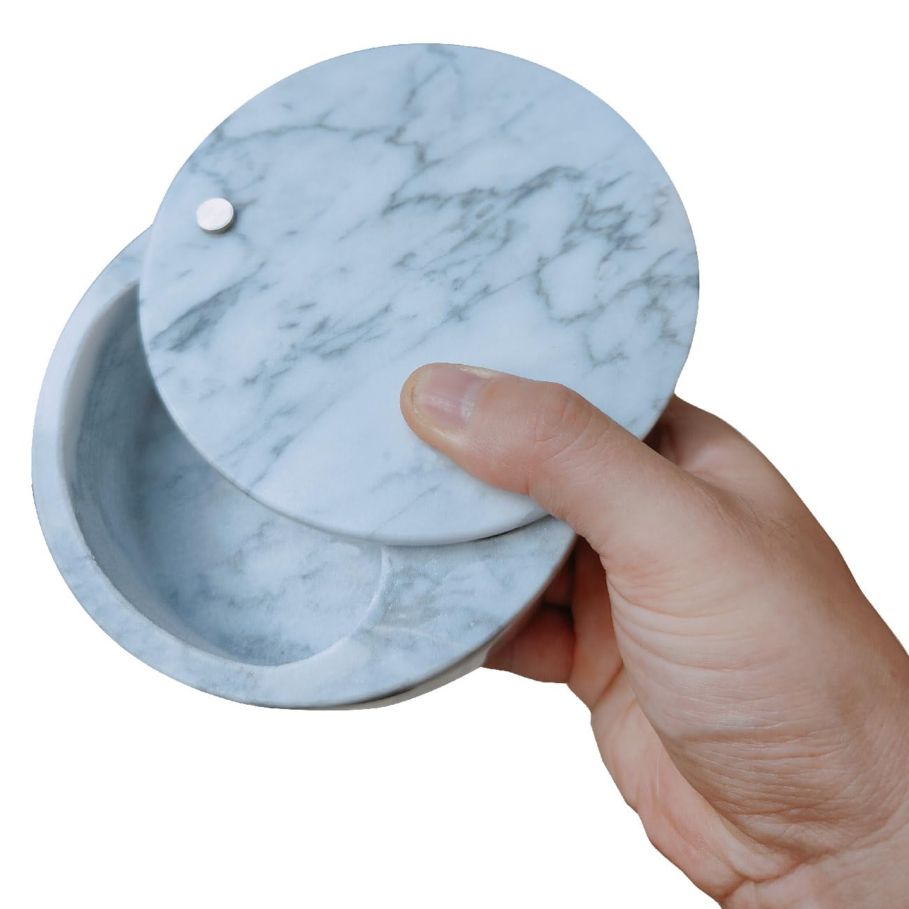 Kerixi Marble Salt Cellar and Storage Box with Two Compartments Salt Box with Swivel Lid for Storing Spice (Gray white)