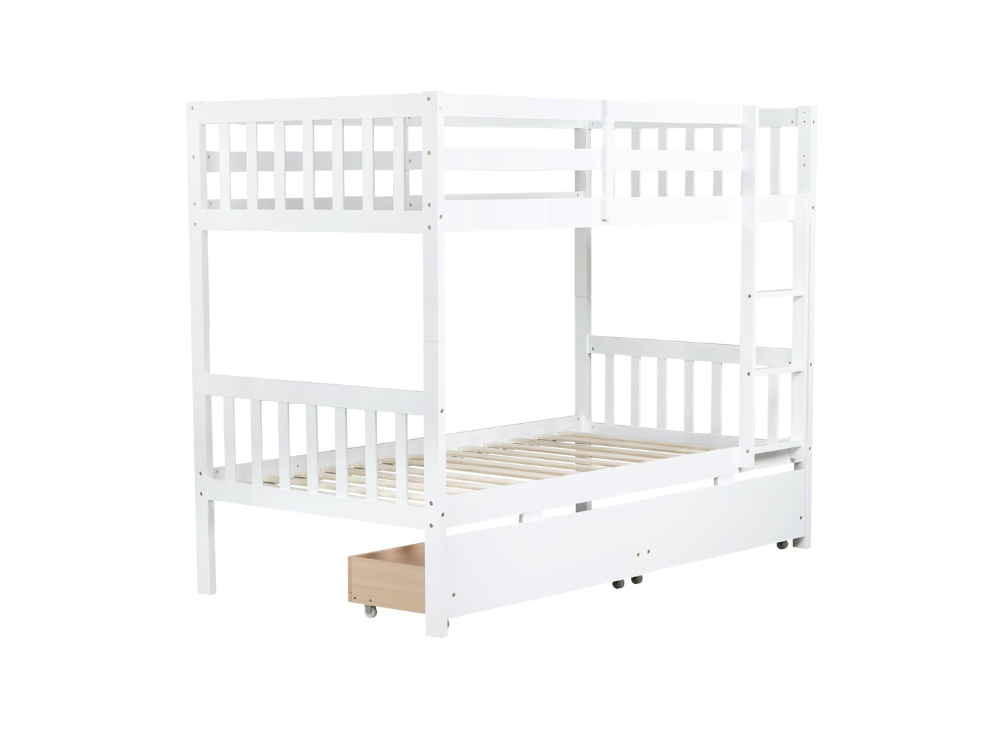 MERITLINE Wood Bunk Bed with Drawers, Convertible Bunk Bed with Ladders and Two Storage Drawers, Solid Wood Detachable Bedframe with Guardrails, Twin Over Twin, White