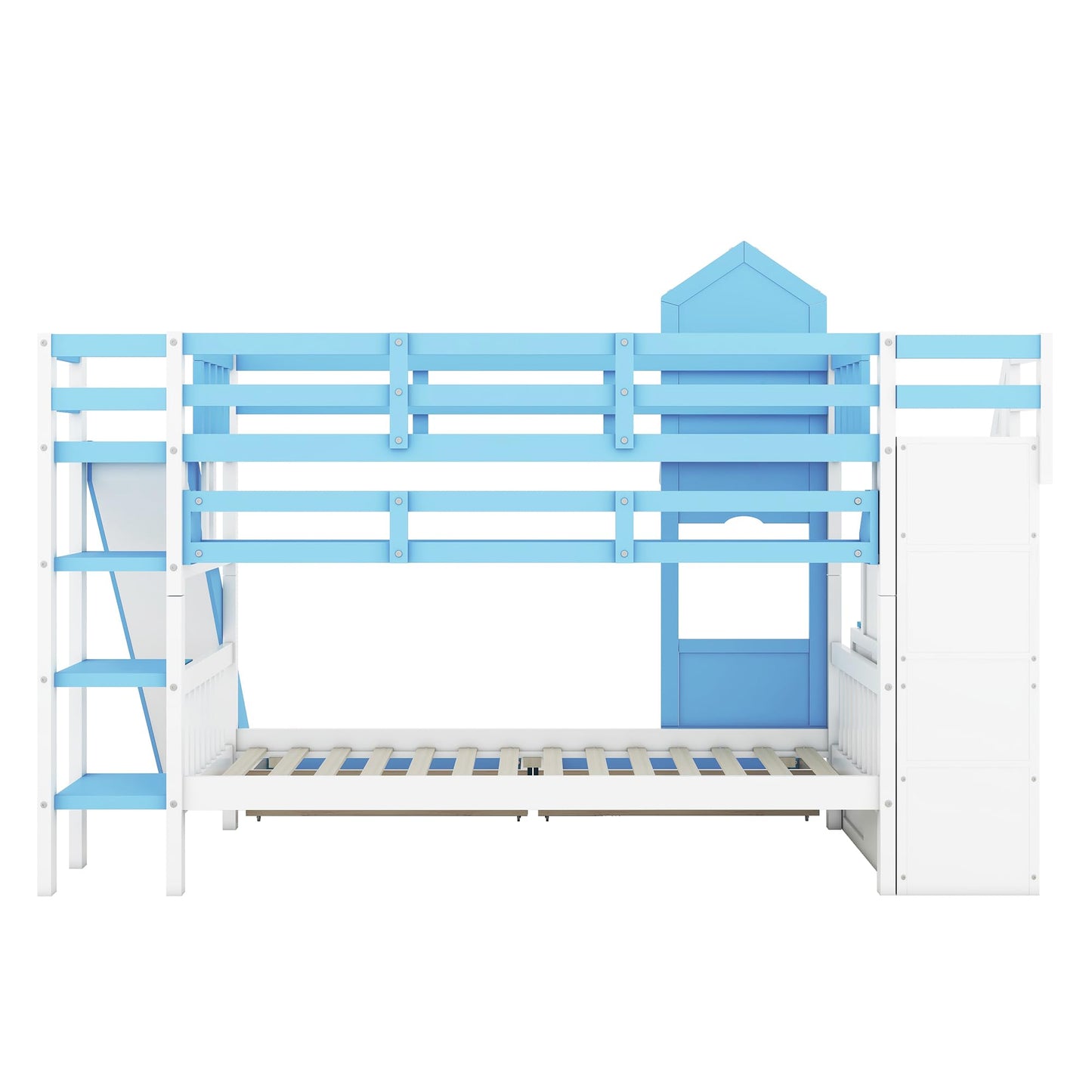 Twin-Over-Twin Bunk Beds Castle Style Bunk Bed with 2 Drawers 3 Shelves and Slide - Blue