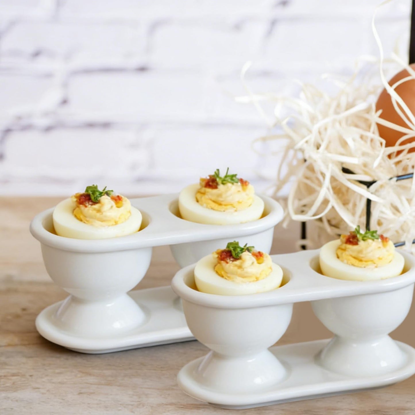 Cinf Ceramic Double Egg Cup 2PCS Porcelain Boiled Egg Holder for Breakfast Cooking Easy to Clean Childhood Memories Kitchen,White 2Pack