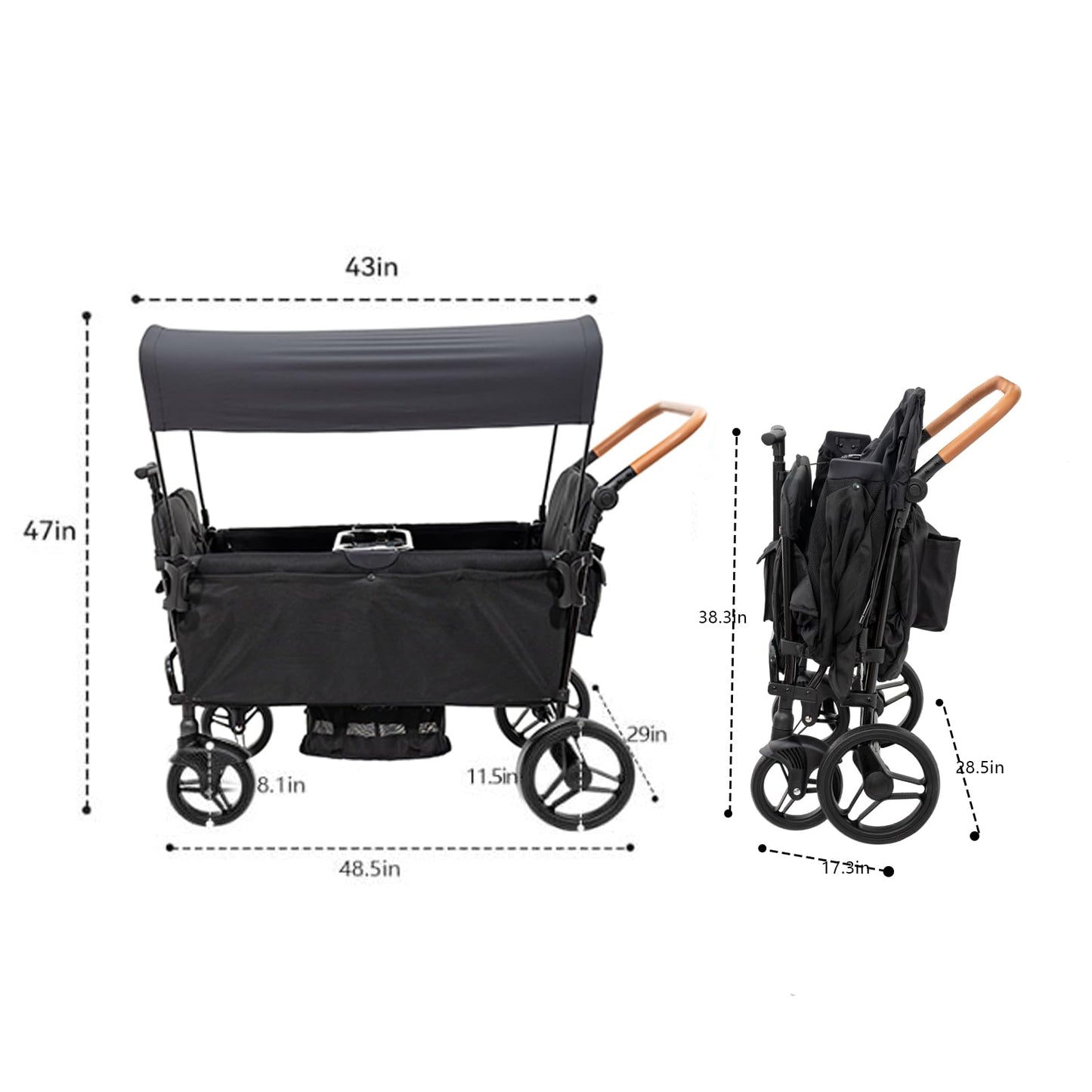 Voupou Stroller Wagon for 4 Kids Seated-Tandem Fold Stroller Push-Pull Lightweight Travel Trolley with 5-Point Harness,Adjustable Handle and Canopy,Mosquito Net,Footwells,Child Tray,Cup Holder,Storage