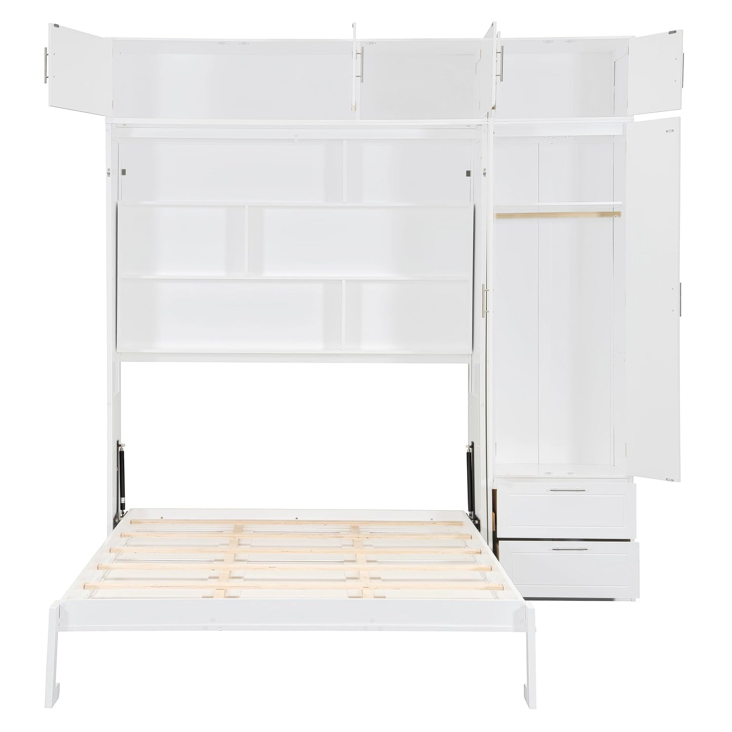 Merax Queen Size Murphy Bed with Top Cabinet, Shelves and Wardrobe, Fold into The Wall, Space-Saving Design, Multifunctional Foldable Platform Bed Frame for Bedroom, Guest Room, Home Office, White