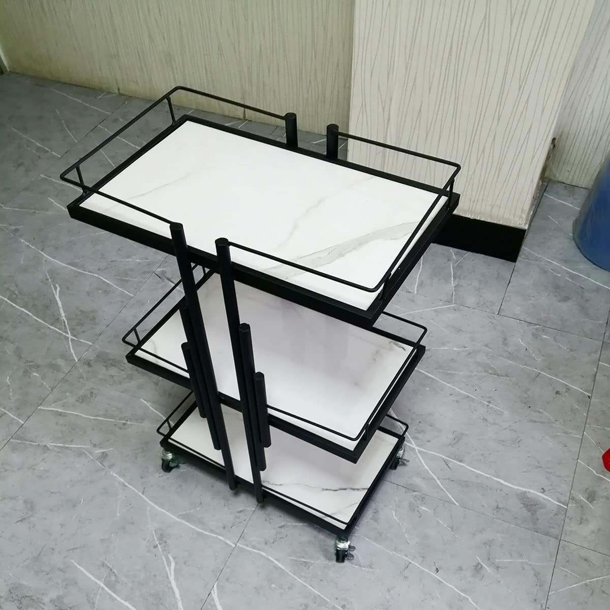 POCHY Bar Carts 3-Tier Utility Carts Metal Frame Serving Cart Imitation Marble Rolling Cart with Wheels Drink Cart Storage Cart