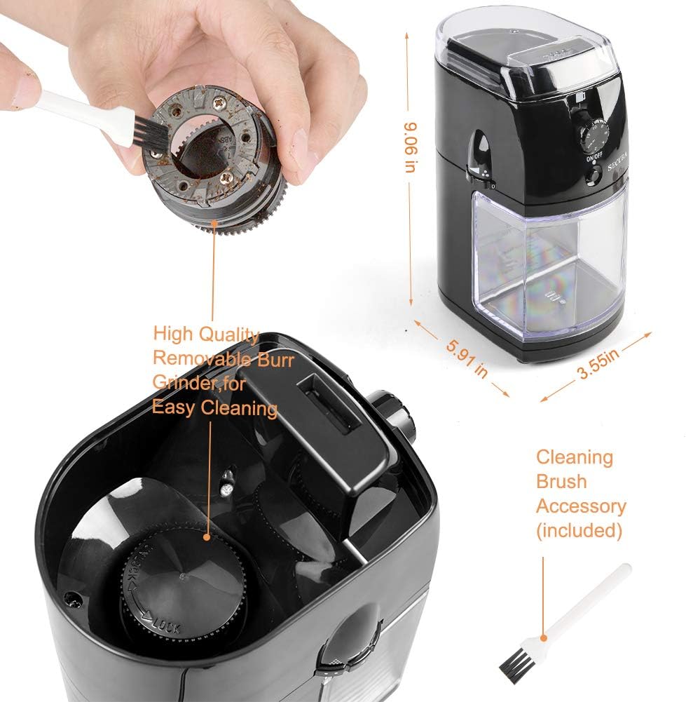 Secura Electric Burr Coffee Grinder Mill, Adjustable Cup Size, 17 Grind Size Settings for Drip, Percolator, Black