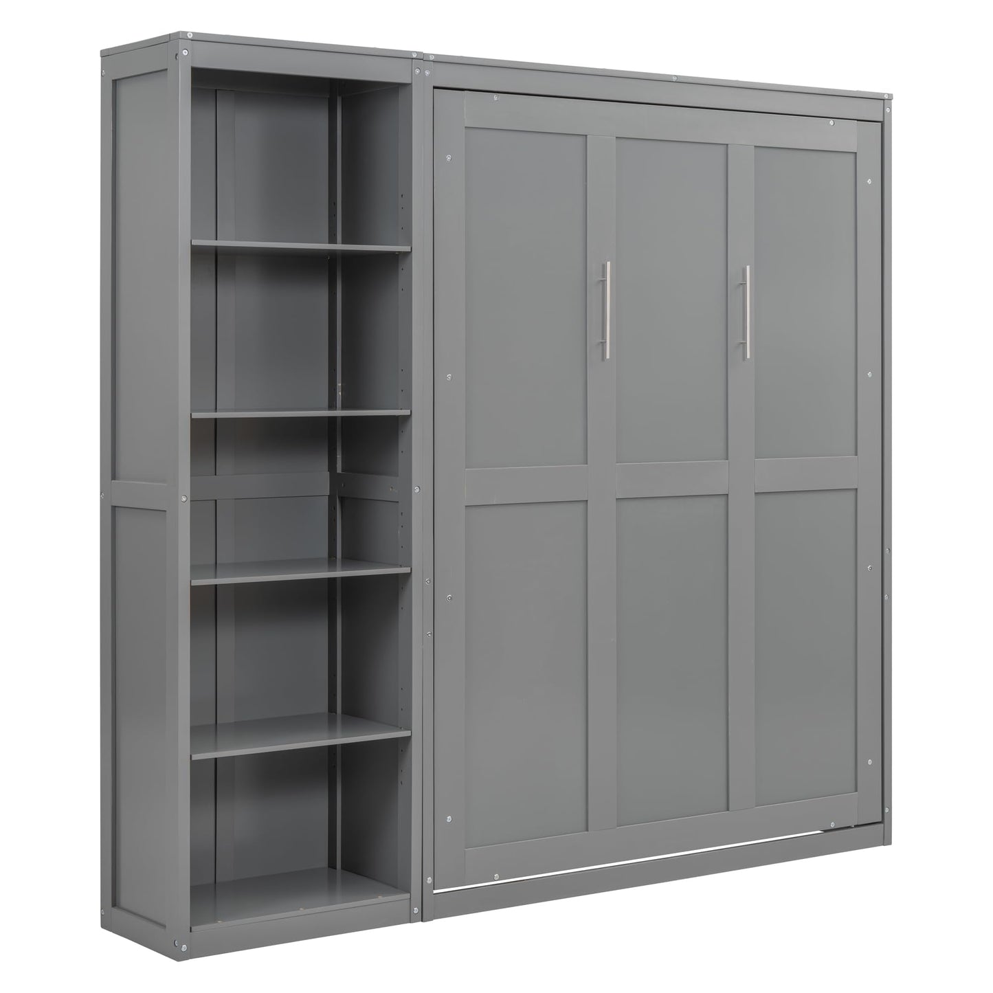 KTATK Full Size Murphy Bed with Five-Layer Cabinet,Solid Wood Storage Hidden Wall Beds Frame,W/Dual Piston Metal Folding Mechanism Designed,Space-Saving,for Home Office,Study,Guest Room,Gray