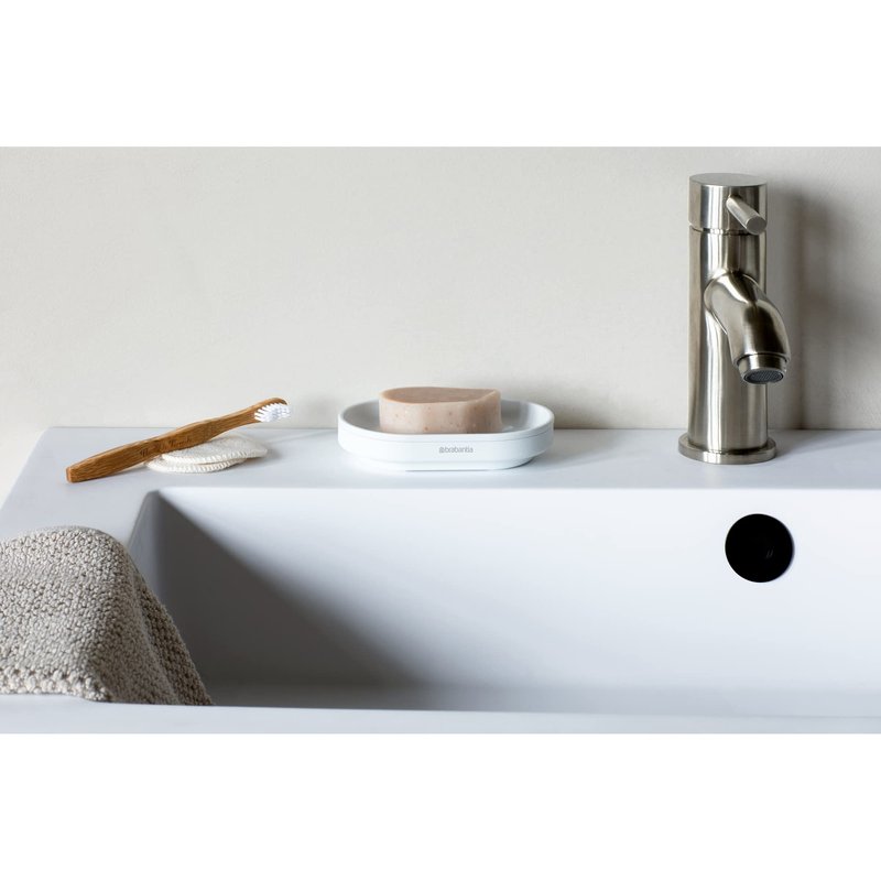 Brabantia Mindset Soap Dish (Mineral Fresh White) Anti-Rust Metal, Non-Slip Basin Soap Tray Holder for Bathroom, Shower, Kitchen Sink