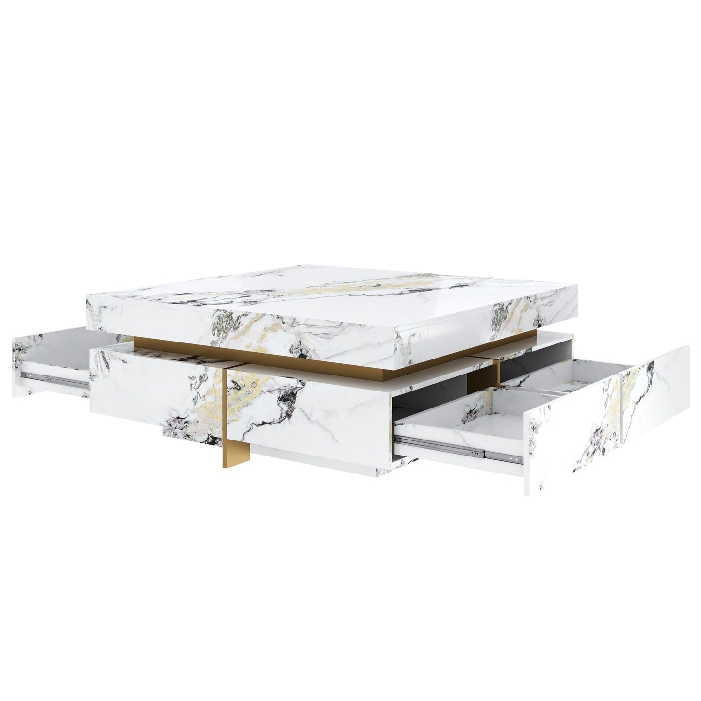 Merax 43.3 Inch Modern Large Square Coffee Table with Marble Textured Top, 4 Built-in Drawers Ample Storage and Floating Suspended Base, Modern Elegance White MDF Storage Center Table for Living Room