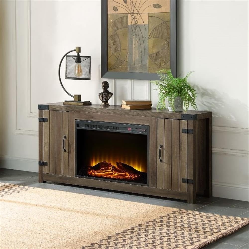ACME Tobias Electric Fireplace Rustic Farmhouse TV Stand with Double Barn Door for TVs up to 60", Rustic Oak Finish