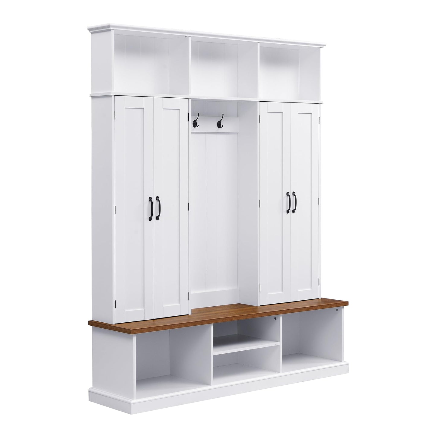 Amposei Farmhouse Hall Tree with Storage Cabinet & Shoe Bench, 78.7''H Tall Entryway Storage Organizer with 4 Doors, 7 Open Cubbies & 6 Coat Hooks for Hallway Mudroom Living Room, White
