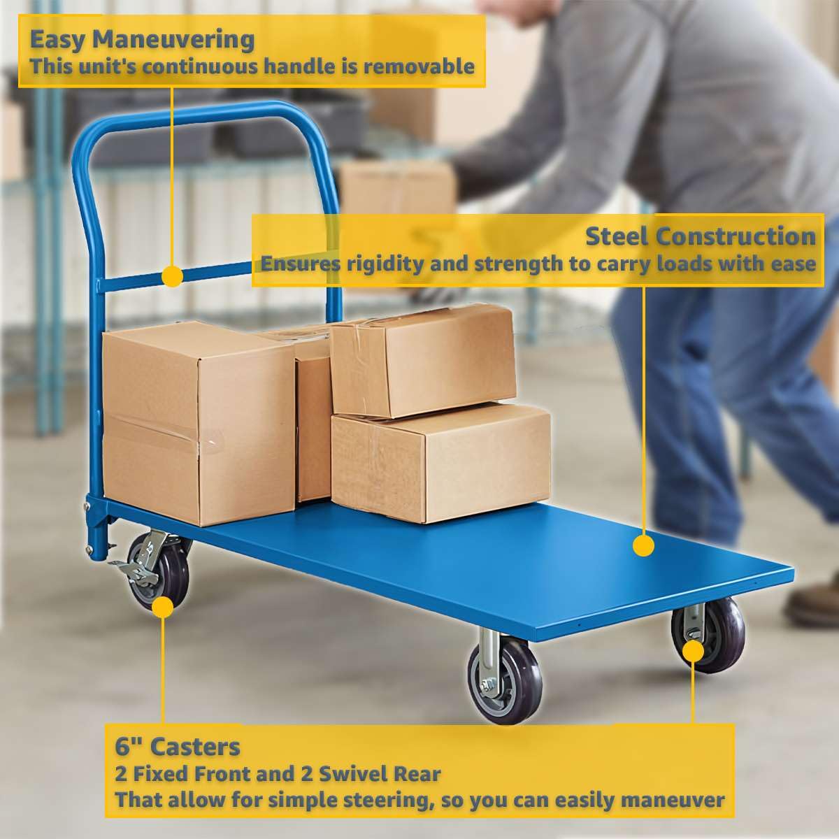 Blue Steel Platform Truck 2000 lb. Capacity - 24" x48" Heavy-Duty Utility Cart with Removable Handle, Polyurethane Wheels & Brakes - Folding Flatbed Dolly for Warehouse, Industrial, Commercial Use
