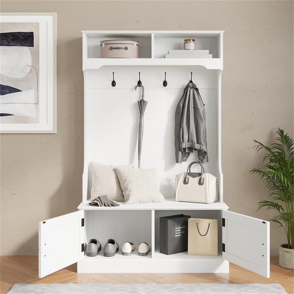 Pemberly Row 40" Wide Hallway Tree with Storage Bench & Cubbies, White Finish, Decorative Backboard Paneling, 4 Double Hooks, Particleboard, Entryway or Mudroom Organizer