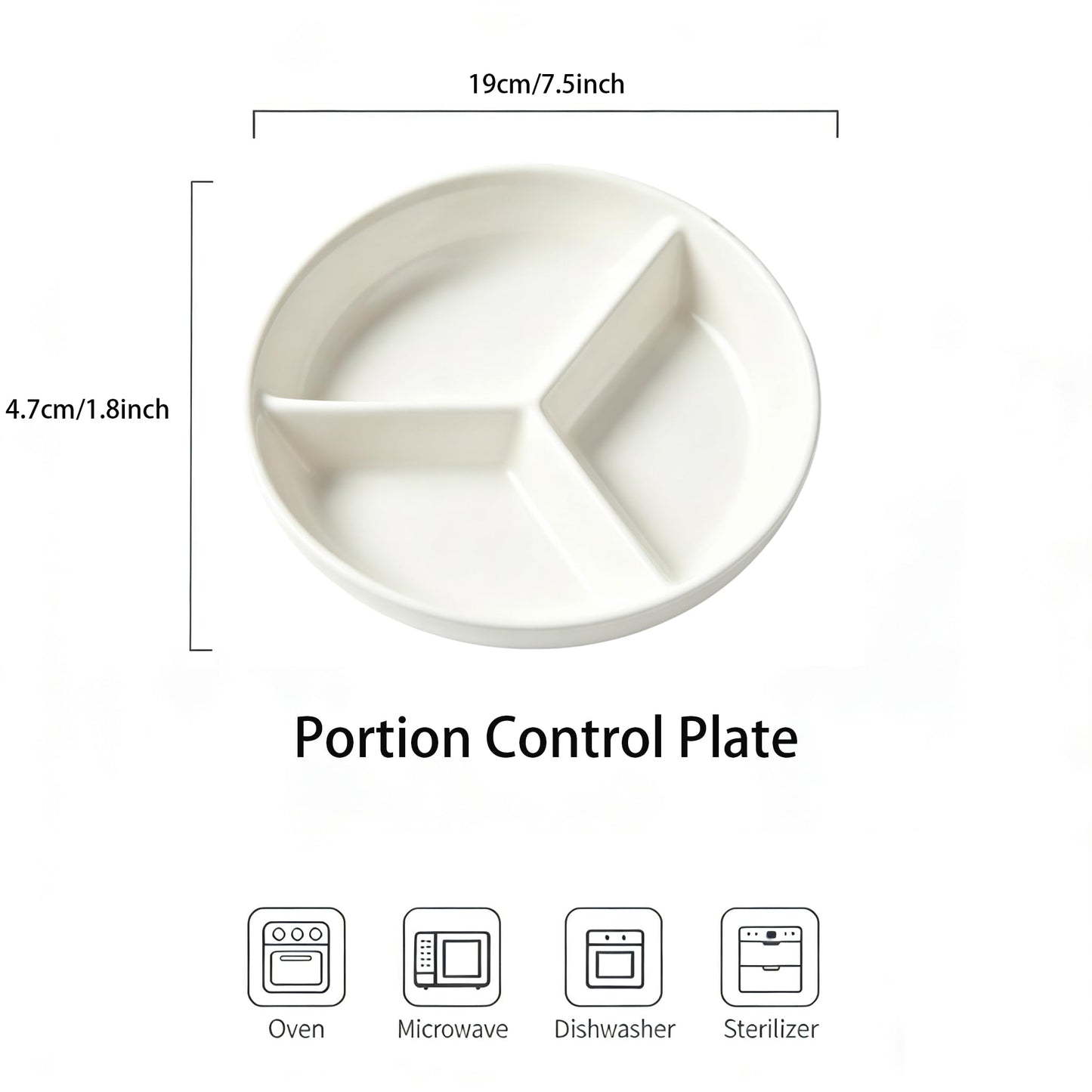 Loymokinar 7 Inch Portion Control Plate for Weight Loss, Ceramic Divided Plates for Adults, 3 Compartment Bariatric Plate for Portion Control, Healthy Meal Prep, Microwave & Dishwasher Safe - White