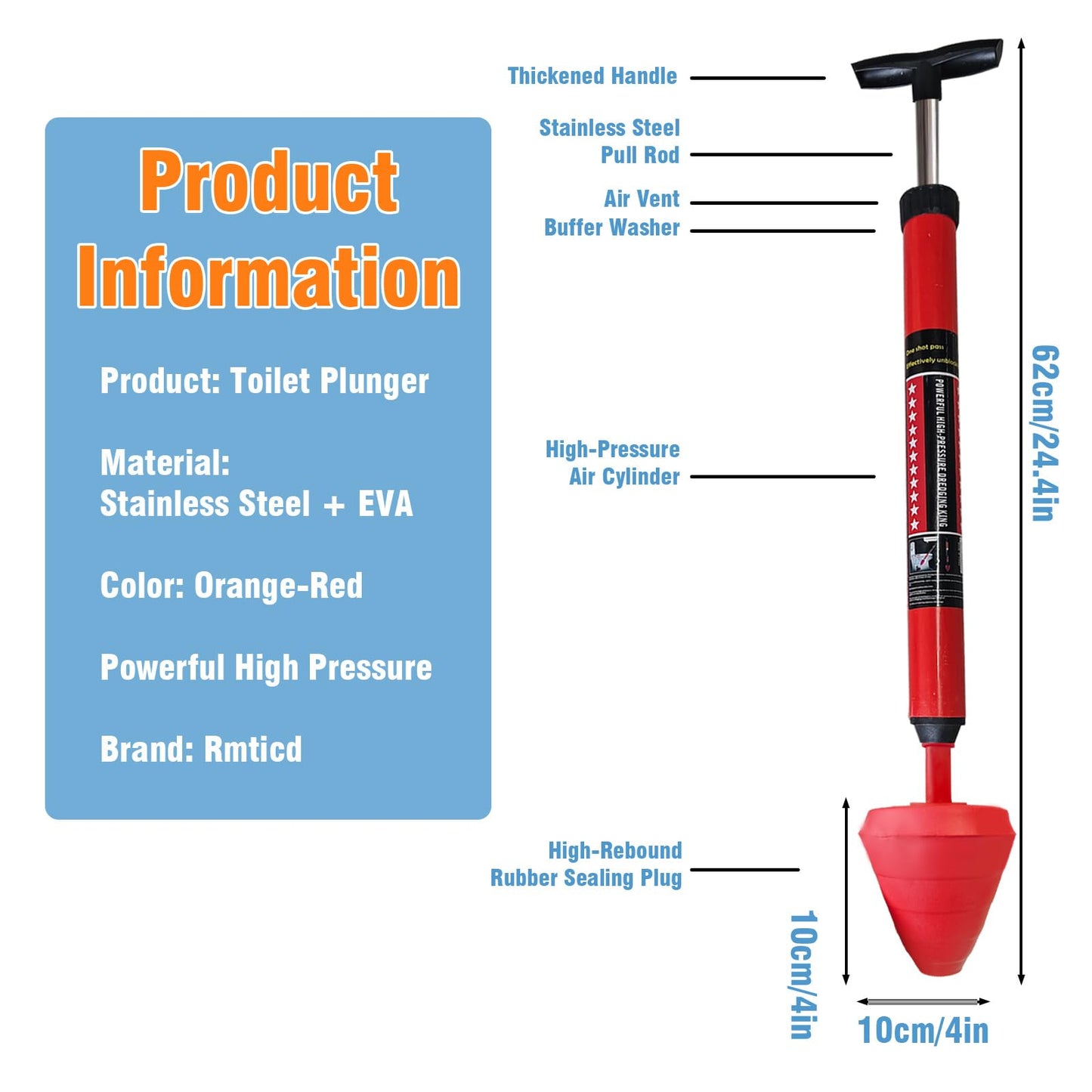 Rmticd Toilet Plunger, High-Pressure Plungers for Bathroom, Toilet Brush and Plunger Set - Powerful Air Drain Unclogger & Heavy-Duty Clog Remover for Bathroom Drains, and Clogged Pipes